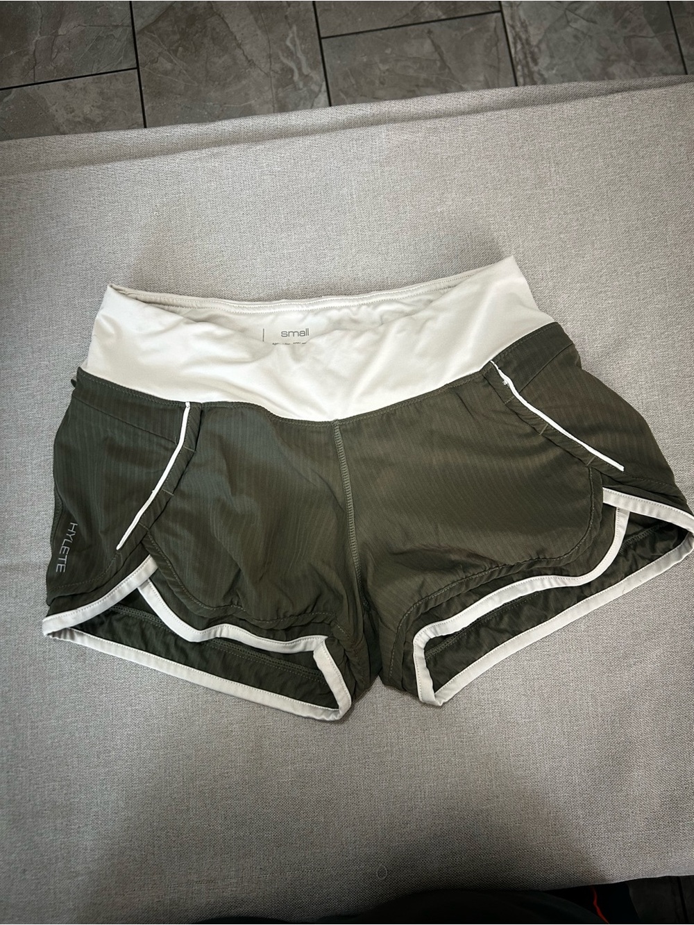 Hylete Olive Green Athletic Shorts with Cream Waistband